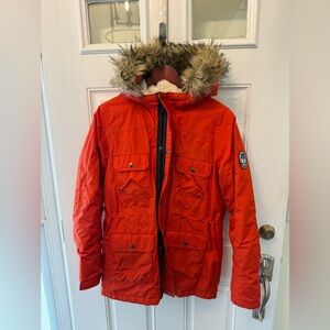 Lands' End Red Men's Ski Parka with Faux Fur Trim